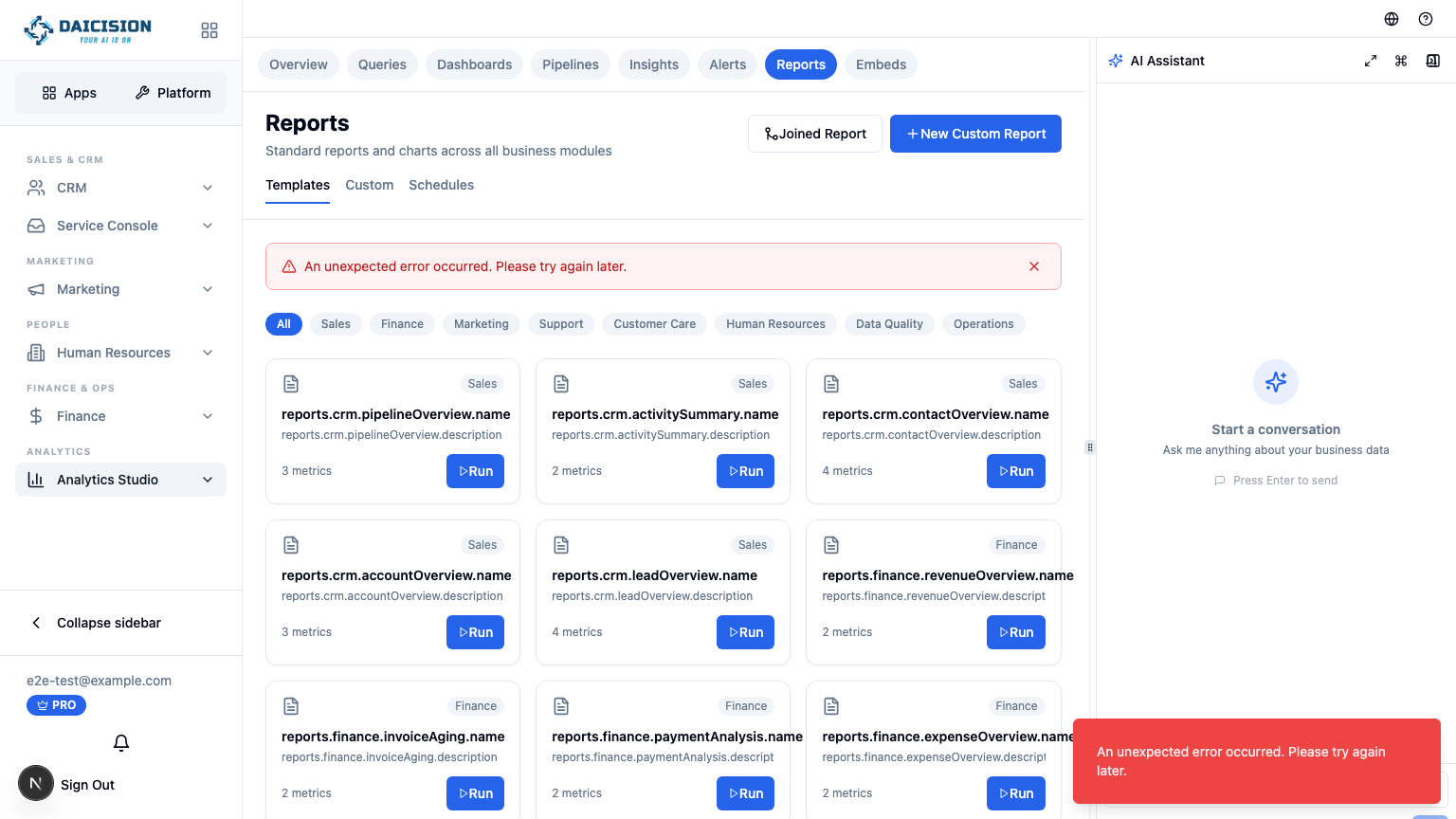 Analytics and reporting dashboard